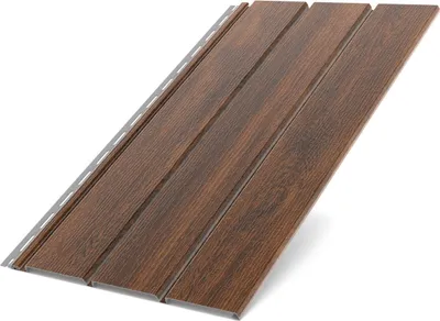 A close-up, angled view of a section of wood-look siding panels against a white background.