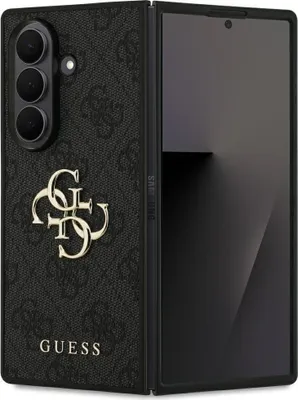 A black GUESS branded case for a SAMSUNG Z Fold7 phone, shown open.