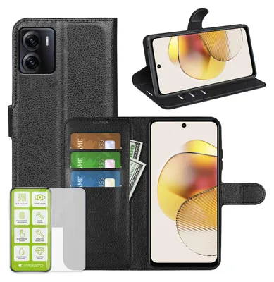 Produktbild von Für Motorola Moto E15 / Moto G05 Kunstleder Book Wallet Case Tasche Schwarz + H9 Hart Glas