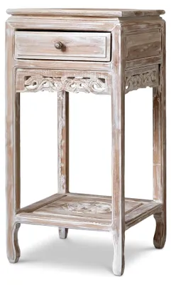 Produktbild von Nachttisch im balinesischen Stil – 37x37x80cm – Vintage Kommode mit Schublade, Wohnzimmer Kommode im Landhausstil aus Teakholz, handgefertigt und nachhaltig aus Java, Shabby Look
