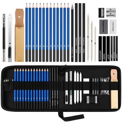 Produktbild von 33-teiliges Zeichenstifte Set mit Bleistiften, Kohlestiften, Papierwischern, Radiergummis & Zubehör im Etui