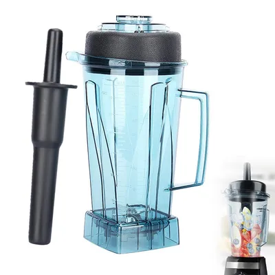 A blender jar and tamper are shown against a white background.