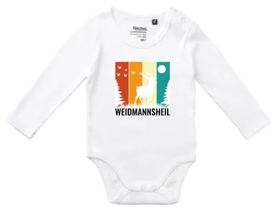 Produktbild von Huuraa Baby Body Weidmannsheil Hirsch Wald 68 White  Baumwolle Fairtrade Langarmbody Geschenkidee