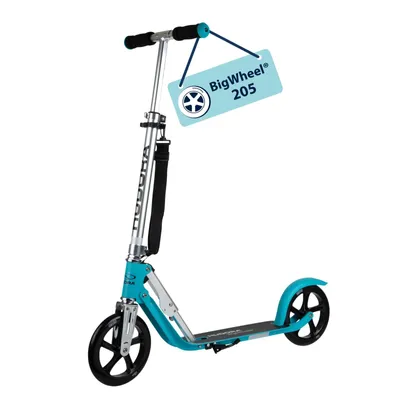 A turquoise and silver scooter is shown against a white background.
