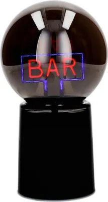 A black base supports a clear spherical globe containing a neon sign that spells "BAR" in red letters with a blue border.