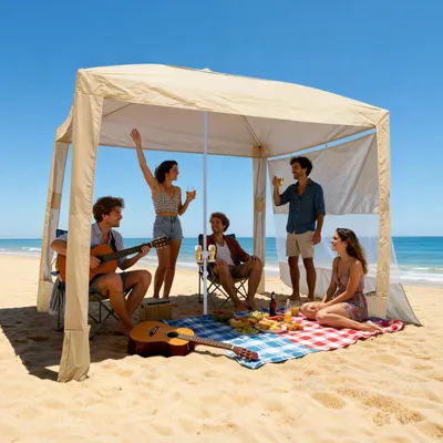 Zdjęcie produktu dla Pawilon plażowy / namiot plażowy - Cabana 2,4 x 2,4 m - Ochrona UV UPF 50+ - Ze ścianą boczną - Z workami z piaskiem - Regulowana wysokość - Przenośny - Khaki