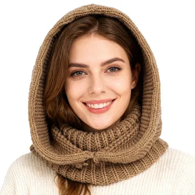 Immagine prodotto di Berretto da donna in lana, modello termico invernale, color kaki, multifunzionale, antivento, tipo slouch con sciarpa integrata