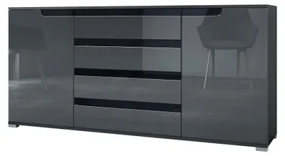 Produktbild von Sideboard Sylt V2, Kommode mit 2 Türen und 4 Schubladen, Korpus - Anthrazit matt/Front - Grau Hochglanz/Absetzung - Schwarz Hochglanz (166,5 x 75,5 x 35 cm)