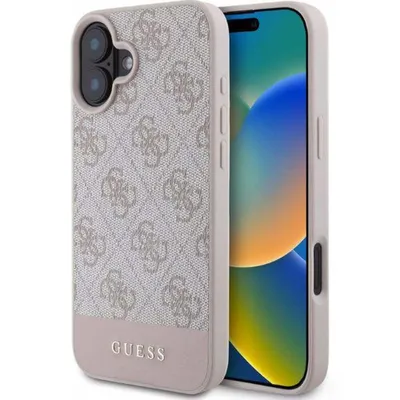 A close-up shot of an iPhone case with a patterned design and the Guess logo.