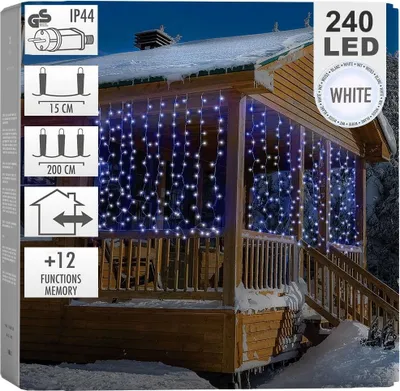 Produktbild von ECD Germany LED Lichtervorhang 2m 240 LEDs Kaltweiß 12 Funktionen Weihnachten Eiszapfen Lichterkette LED Lichterkettenvorhang Vorhang IP44 Innen/Außen