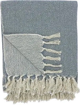 Imagen del producto de Uniqoos® Manta de algodón tejida a mano, 125 x 150 cm, color gris – diseño de espiga con flecos, manta ligera para sofá y cama