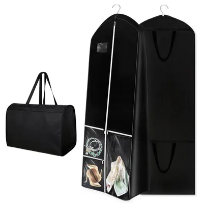 Image de Housse à vêtements, longue, 180 x 60 cm, housse pliable à 4 compartiments, housse respirante avec poignées, côtés de 26 cm, housse de protection anti-poussière, pour robes de mariée, robes de soirée, manteaux (noir)