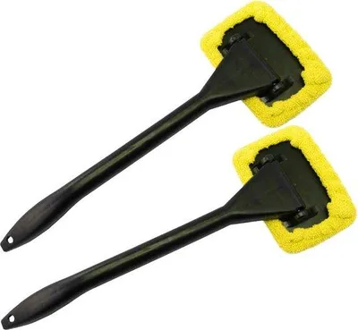 Image de DigiRigi® Kit de 2 nettoyants pour pare-brise – tête pivotante, chiffon en microfibre 13 x 9,5 cm, manche en plastique de 33 cm, couleur jaune, sans traces et sans produits chimiques
