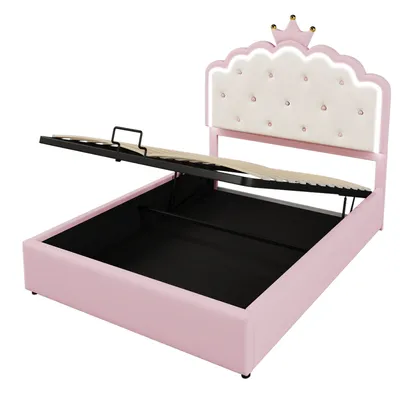 Produktbild von Flieks Polsterbett 140x200cm mit Kronenförmigem Kopfteil, Hydraulisches Stauraumbett Jugendbett Kinderbett mit LED, Doppelbett PU, Rosa