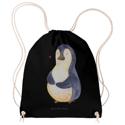 Produktbild von Mr. & Mrs. Panda Jutebeutel Pinguin Diät - Schwarz - Geschenk, Motivation, Abnehmen, gym rucksack, Bauch, tasche, Turnbeutel, Pinguine, mit kordel, wander