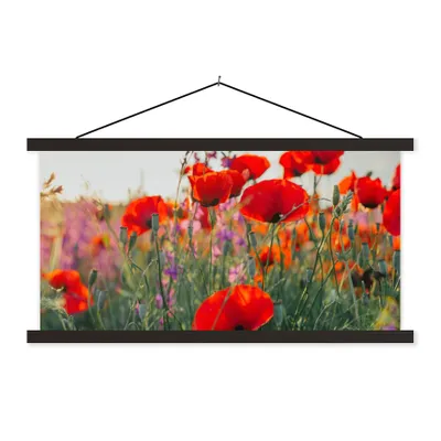 Produktbild von MuchoWow® Textilposter Mohn - Blumen - Rot - Lila - Wiese 120x60 cm mit schwarzem Rahmen - Dekoration Schlafzimmer