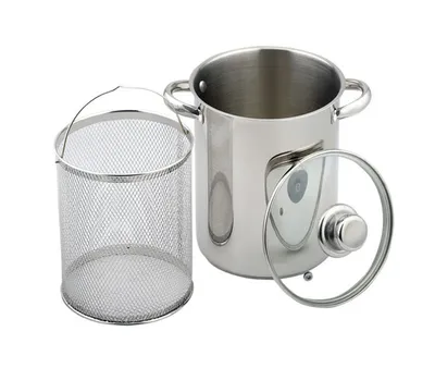 A stainless steel pot with a mesh basket and a glass lid, shown on a white background.