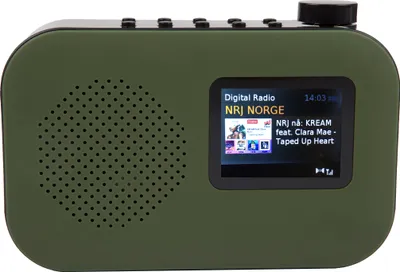 A digital radio with a screen displaying song information.
