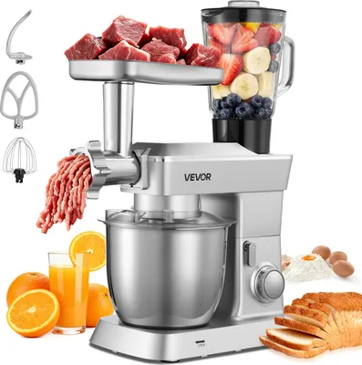 A VEVOR multifunctional electric kitchen machine with various attachments, ingredients, and finished products.