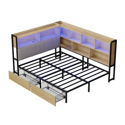 Produktbild von Polsterbett Schlafsofa 140x200 mit LED-Beleuchtung, USB&Typec-Ladestation,Tagesbett,Jugendbett mit 2 Schubladen und Lattenrost,Kopfteil mit Stauraum