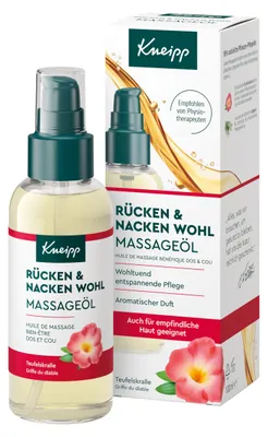 Produktbild von Kneipp Rücken + Nacken Wohl Massageöl 100 ml, Massageöl, 100 ml, Entspannung, Weichmachend, Beruhigend, Empflindliche Haut, Jeder Hauttyp, Pumpenflasche, Helianthus Annuus (Sunflower) Seed Oil, Prunus Amygdalus Dulcis (Sweet Almond) Oil, Tocopheryl...
