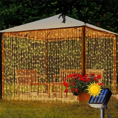 Produktbild von Solar-Lichtvorhang 3 x 2 m, 200 Hochleistungs-LEDs, 8 Beleuchtungsmodi, energiesparend und wasserdicht (IP65)