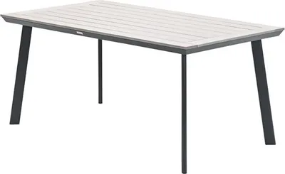 A rectangular outdoor dining table with a slatted top and dark metal legs, presented against a white background.
