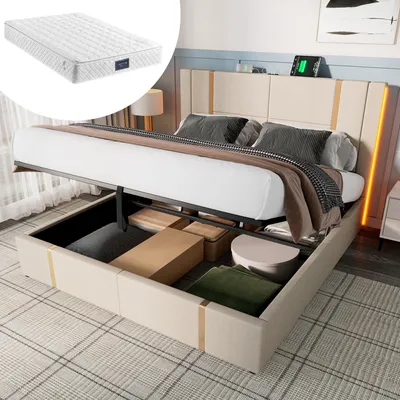 Immagine prodotto di Letto imbottito matrimoniale con porta USB di tipo C, controllo tramite app, luci LED, dimensioni 160x200 cm, contenitore integrato, struttura del letto e rete a doghe in legno