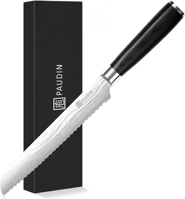 Image de PAUDIN KW2 - Couteau à pain 20 cm - Lame dentelée - Couteau de type japonais - Motif Damas - Couteau de cuisine