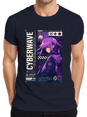 Productafbeelding van CYBERWAVE Anime-meisje, lila haar, Japans, Japan, Y2K, Vaporwave, neon, heren T-shirt, marineblauw, maat S