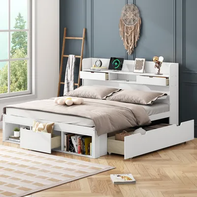 Immagine prodotto di Letto per bambini Abrihome 160x200cm matrimoniale con porta USB, cassetti e armadietto, letto per ragazzi in legno massiccio, bianco
