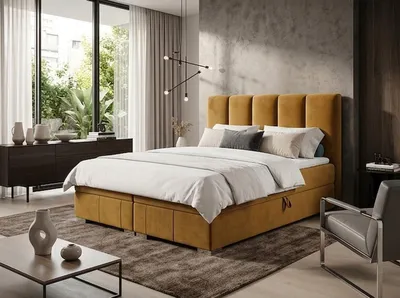 Produktbild von Boxspringbett OSLO 140 cm x 200 cm Riviera 41  Gelb Bett mit zwei Bettkästen und H3 Matratze,Komplett-Set mit Matratze und Topper