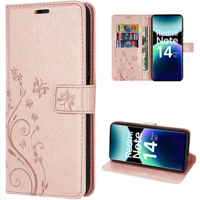 Image de Coque pour Xiaomi Redmi Note 14 Pro Plus 5G, Protection Anti-Rayures Synthécuir Relief Floral Rose