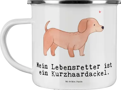 Produktbild von Mr. & Mrs. Panda Teetasse Dackel Kurzhaardackel Lebensretter - Weiß - Geschenk, Teebecher, emaillebecher, Pott, Dachshund, Emaille Tasse, Haferl, Teckel, Kaffeepott