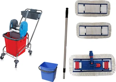 Produktbild von CleanSV® Wischset chrom Laschenmop 50 cm, Ablage + 5 L- Eimer, Reinigungswagen 1 x 18 Liter Eimer, Presse, Deichsel, 1 Laschenmop Halter, 3 x Laschenmop Baumwollmop, Teleskopstiehl