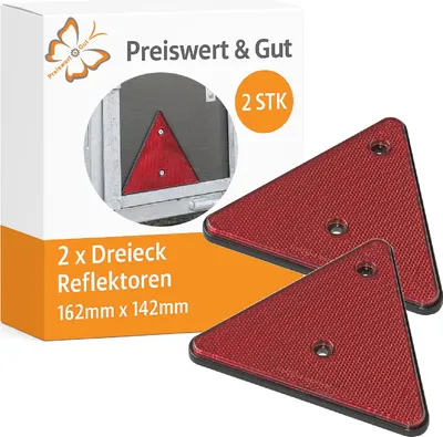Produktbild von 2 x Dreieck Reflektoren für Anhänger mit E4, Katzenaugen Rückstrahler Set, Reflektor für Anhänger, Wohnwagen & Trailer