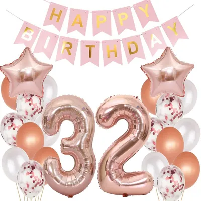 32. Geburtstagsdekoration Roségold – 32-teiliges Set mit Ballons