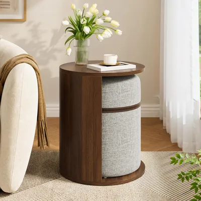 Produktbild von STILVORA Beistelltisch mit Hocker Set und Stauraum, Couchtisch in Rundform mit Holzoptik, Nachttisch als Sofatisch mit Ablage