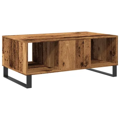 A wooden coffee table with black metal legs, shown against a white background.