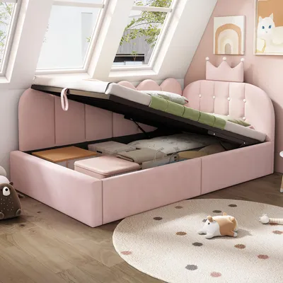 Immagine prodotto di okwish Divano letto 90x200, letto per bambini con contenitore idraulico, letto imbottito, letto singolo, letto per ospiti, forma a L, testiera con decorazione a , rosa (con materasso)