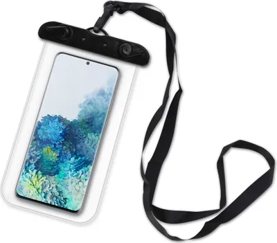 A smartphone in a clear waterproof pouch with a black lanyard, displayed against a white background.
