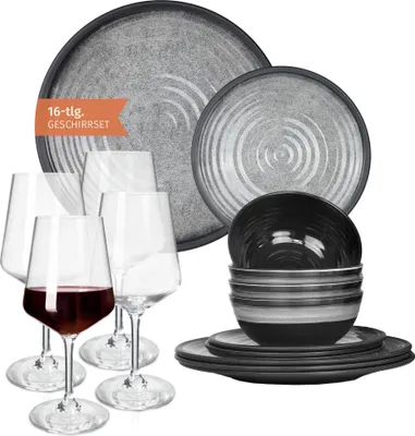 Image de Mélamine Vaisselle de camping Set 4 personnes Stone Grey + 4 verres à vin rouge Milano Verres à vin rouge Vaisselle de pique-nique BBQ Vaisselle de cuisine