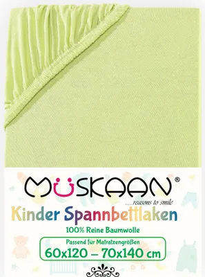 Produktbild von Müskaan Jersey Kinder Spannbettlaken 60x120 - 70x140 cm apfelgrün bis 12cm Matratzenhöhe Gummizug Bettlaken 100% Baumwolle