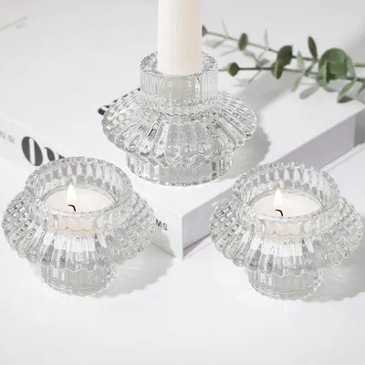 Image de Lot de trois bougeoirs en verre coniques, pour thé, à utiliser comme centres de table, lors de mariages, de fêtes ou comme décoration.