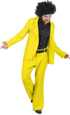A person wearing a yellow disco suit and a black afro wig, posing against a white background.