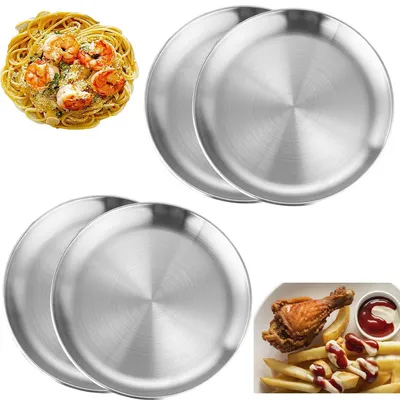 Produktbild von Edelstahl-Teller - Rundes Camping-Geschirr - Für Barbecue und Outdoor - 20 cm Durchmesser - 4 Stück