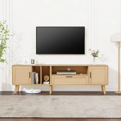 Obrázek produktu pro Sweiko Prostorná skříňka na TV 180 cm s ratanovým dekorem, 2 dvířka a zásuvka, nohy z masivního dřeva, nabízí prostor pro 80" TV, skříňka na TV, skříňka na TV