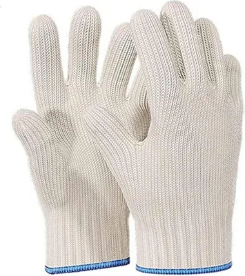 A pair of white knitted gloves with blue trim at the cuffs.