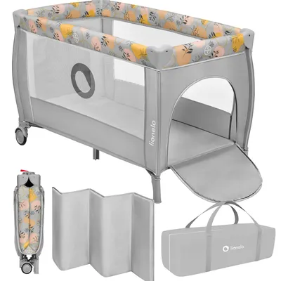 Obrázok produktu pre LIONELO Stefi Plus cestovná postieľka a ohrádka 2 v 1 do 15 kg, detská postieľka, cestovná postieľka s matracom, bočný vchod na zips - ružovo žltá