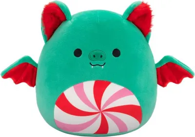 A plush toy bat with a peppermint candy design on its belly.